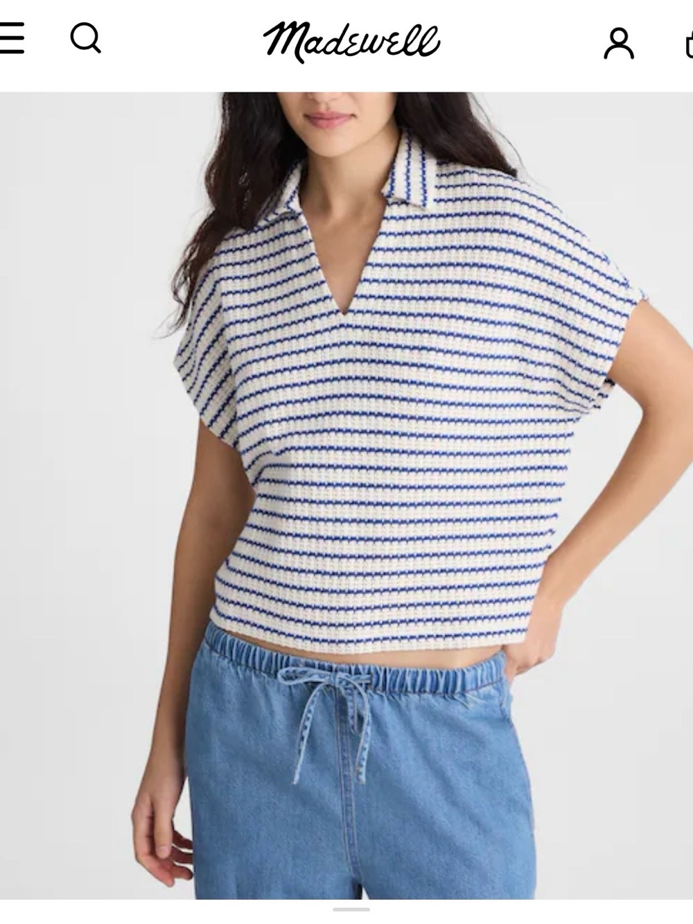Madewell White & Blue Striped Johnny Collar Short Sleeve Knit Top